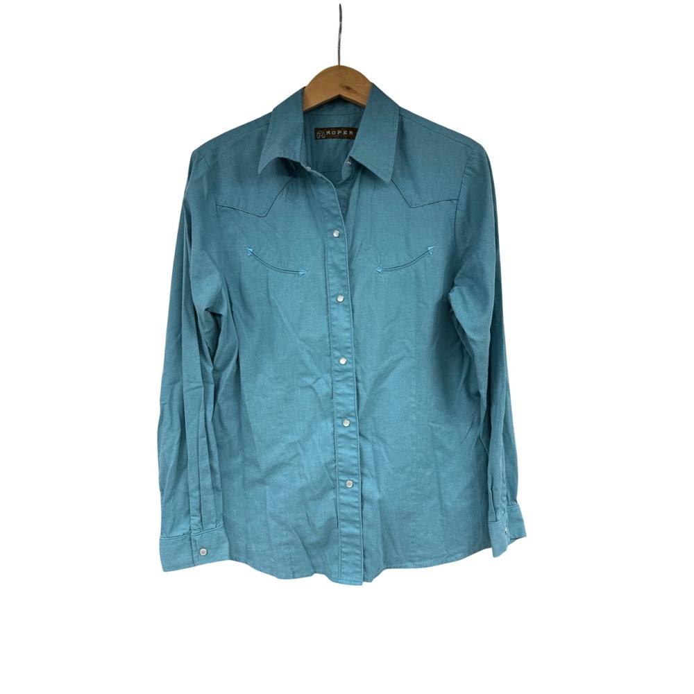 Roper Mens Teal Blue Western Pearl Snap Shirt Embroidered Back Yoke Size M
